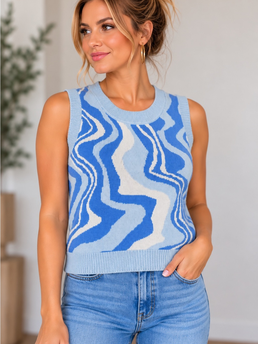 Light & Royal Blue Wave Knit Sleeveless Tank Top